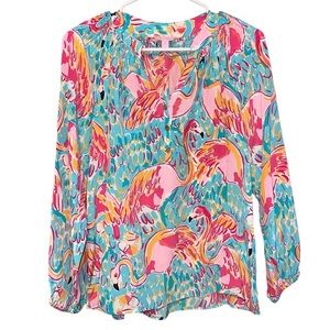 Lilly Pulitzer Elsa Silk Flamingo Print Blouse - XS